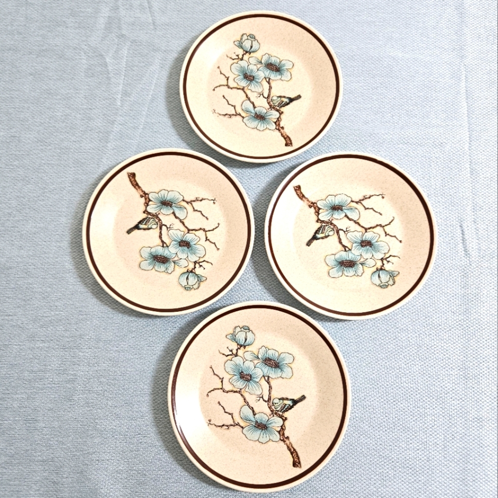 Vintage‎ LENOX Softwind (4) Salad Plates 1970s USA Made Floral Blue Tan 6" EUC